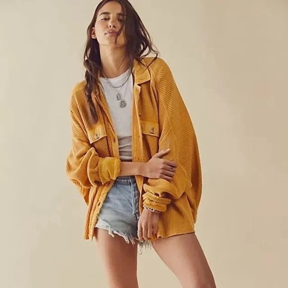 Free People Jackets & Blazers - Free People FP One Scout Jacket Shacket Oversized Waffle Knit Yellow Size XS NEW